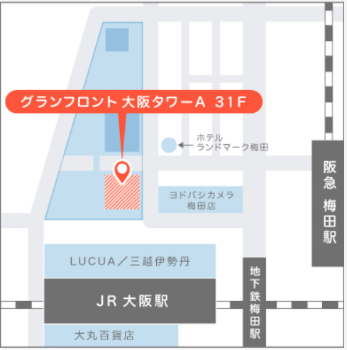 マイナビジョブ20’sの面談場所である大阪オフィスの地図